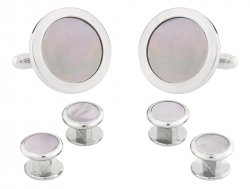 Mens Round Mother of Pearl Silver Cufflinks Studs Tuxedo Formal Set