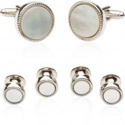 Men's Ribbed Mother of Pearl Silver Tuxedo Cufflinks & Studs