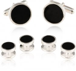Men's Onyx Sterling Silver Tuxedo Cufflinks & Studs Formal Set for Wedding Solid 925 Includes Travel Gift Box