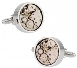 Working Silver Watch Movement Steampunk Cufflinks with Glass Cover