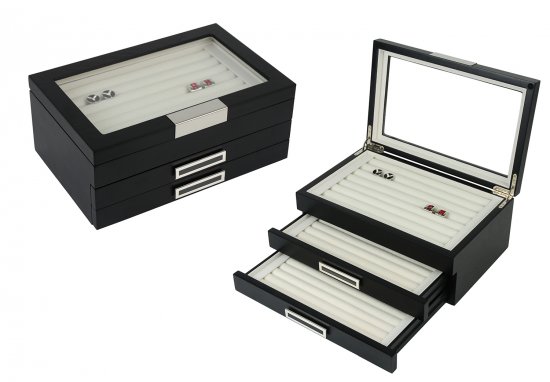 Black Ebony Wood 72 Cufflink Case Ring Organizer Stainless Steel Jewelry Box 