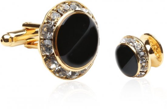Black, Gold, and Crystal Round Formal Set of Cufflinks and Studs