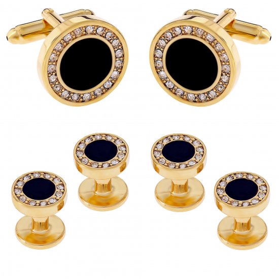 Men's Black Onyx and Cubic Zirconia Cufflinks Studs Gold Tuxedo Formal Set with Gift Box