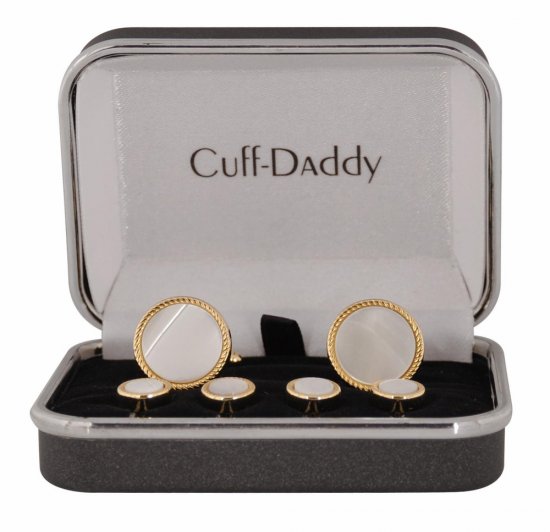 Men's Ribbed Mother of Pearl Gold Tuxedo Cufflinks & Studs