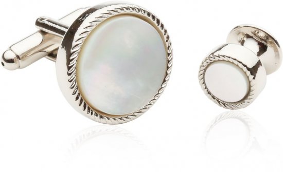Men's Ribbed Mother of Pearl Silver Tuxedo Cufflinks & Studs
