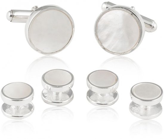 Men's Mother of Pearl Sterling Silver Tuxedo Cufflinks & Studs Formal Set for Wedding Solid 925 Includes Travel Gift Box