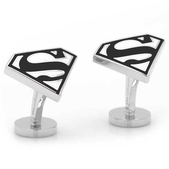 Men's Licensed Superman Shield Cufflinks in Black and White Enamel